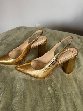 Jessica Simpson Metallic Gold Snake-Embossed Slingback Block Heels NWOT